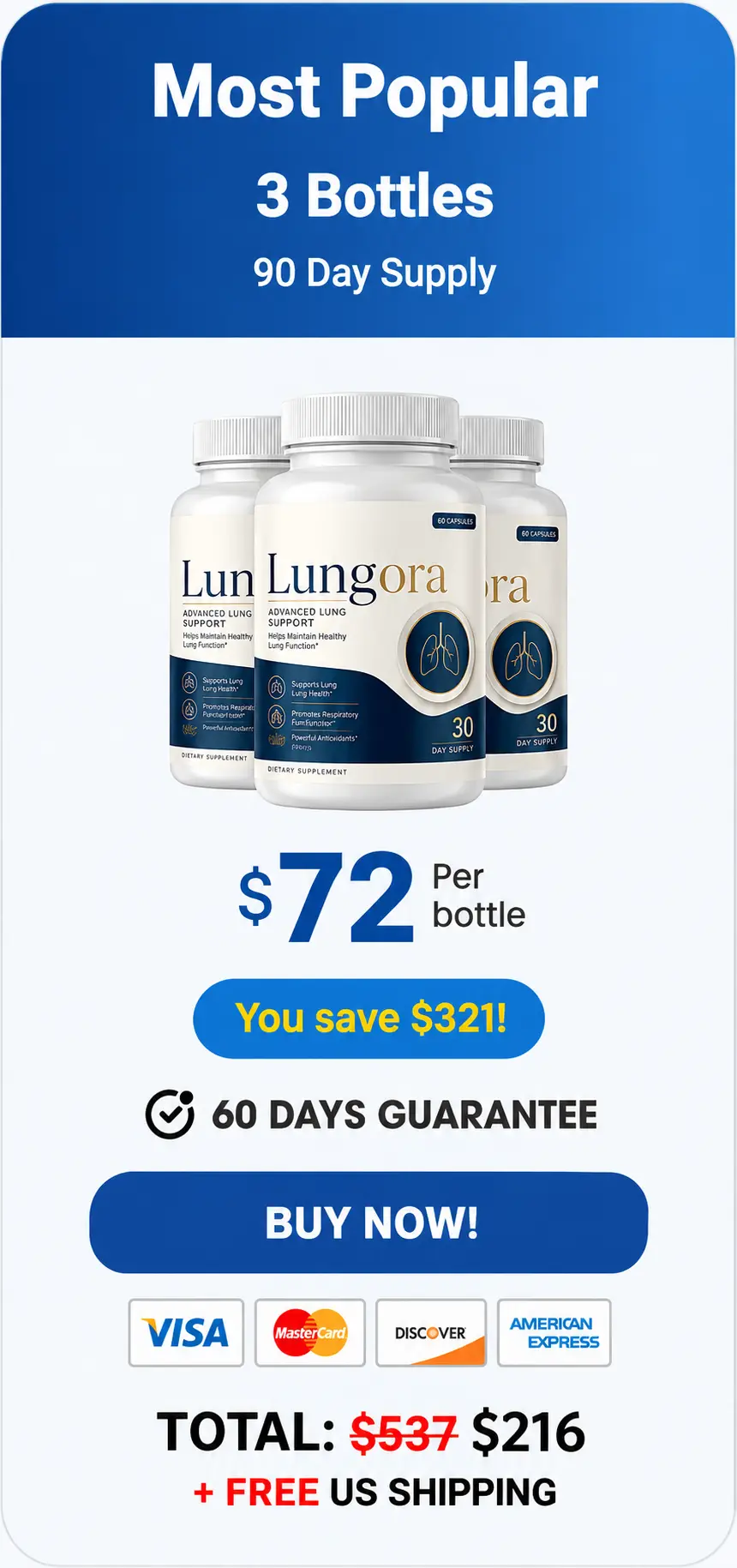 Lungora 3-bottle most popular pack — 90-day supply with free shipping