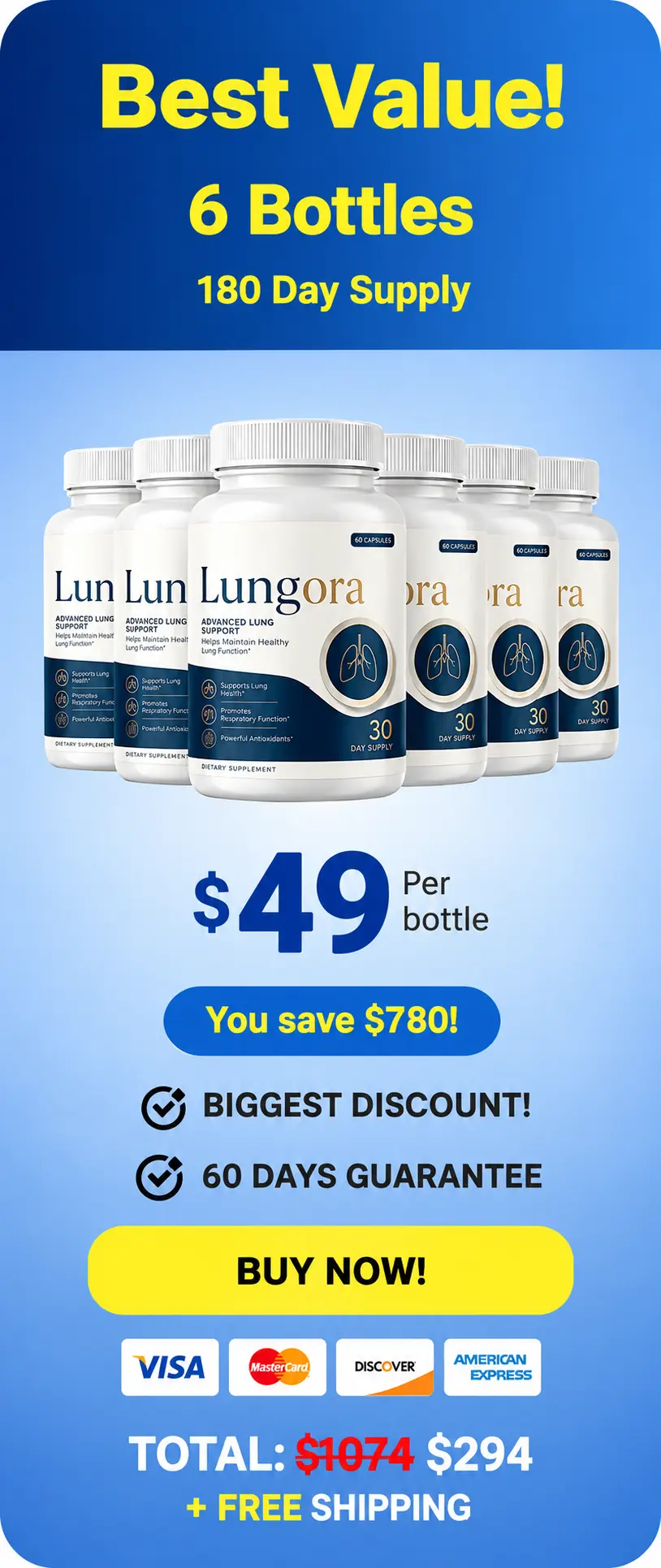 Lungora 6-bottle best value pack — 180-day supply with free shipping and biggest savings